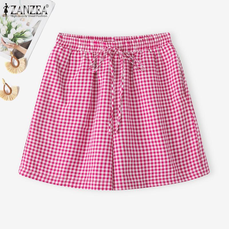 ZANZEA Women Summer Elastic Waist Summer Plaid Print Short Pants