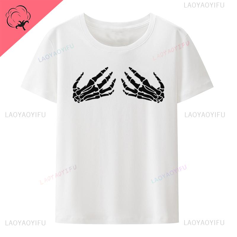 Halloween Finger Skeleton Printed  Tshirt Gothic Street Fashion Oneck Cotton Short Sleeve Tee Loose Breathable Hipster Tops