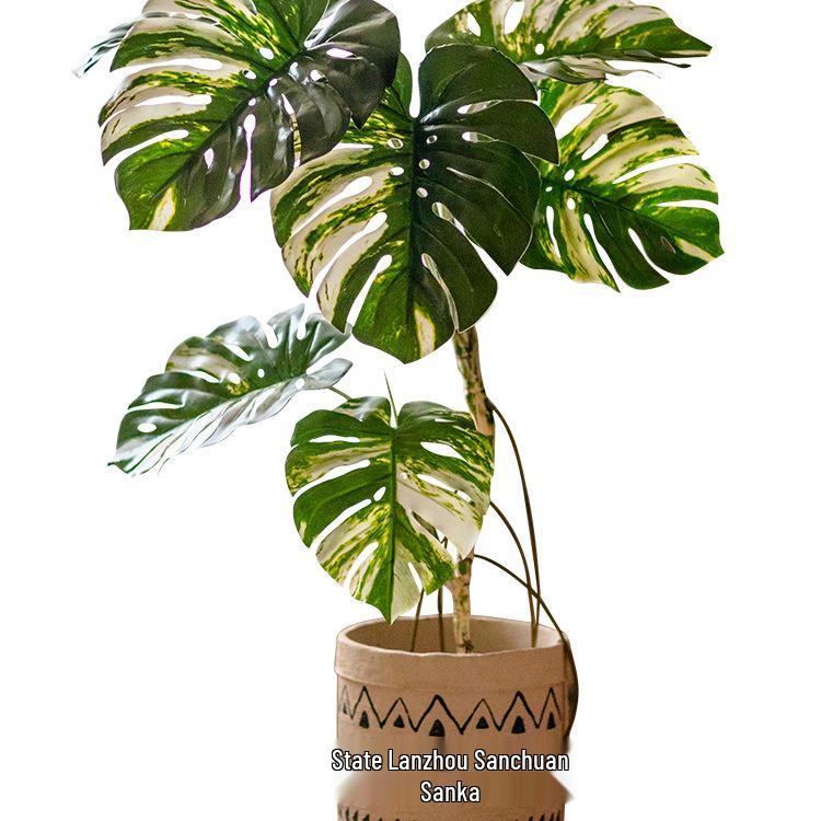 White Variegated Monstera Faux Tree - Large, Potted, Light Luxury Decor for Living Room