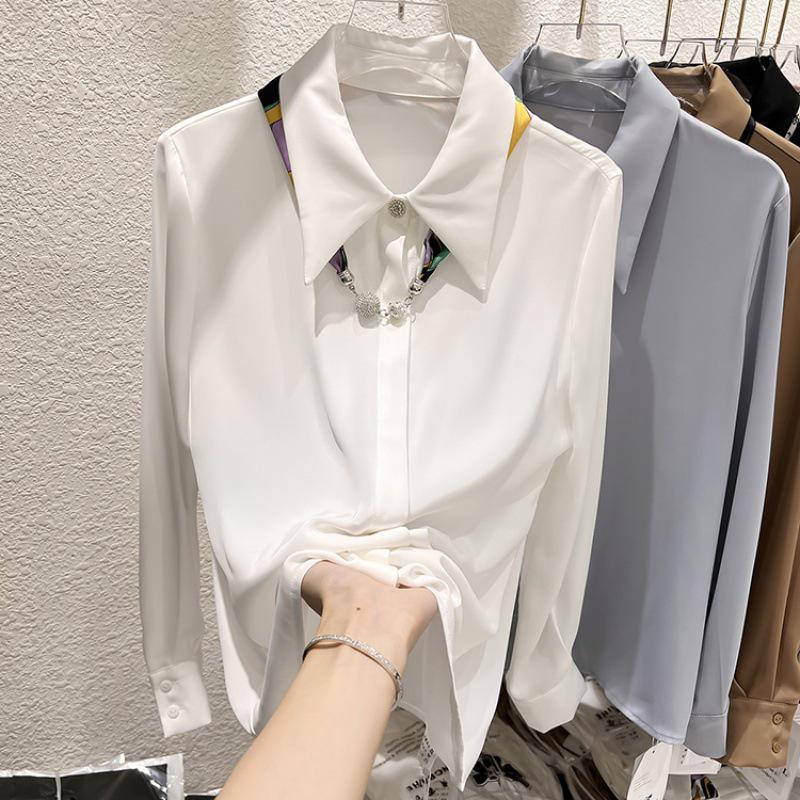 Korean Style Slim Fit Chiffon Shirt with Gift Scarf - Women's Spring Long Sleeve Top