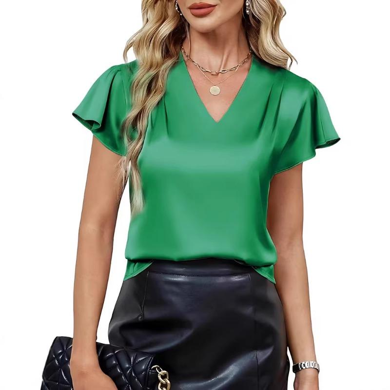 Summer new women's elegant and fashionable satin v-neck women's tops t-shirt