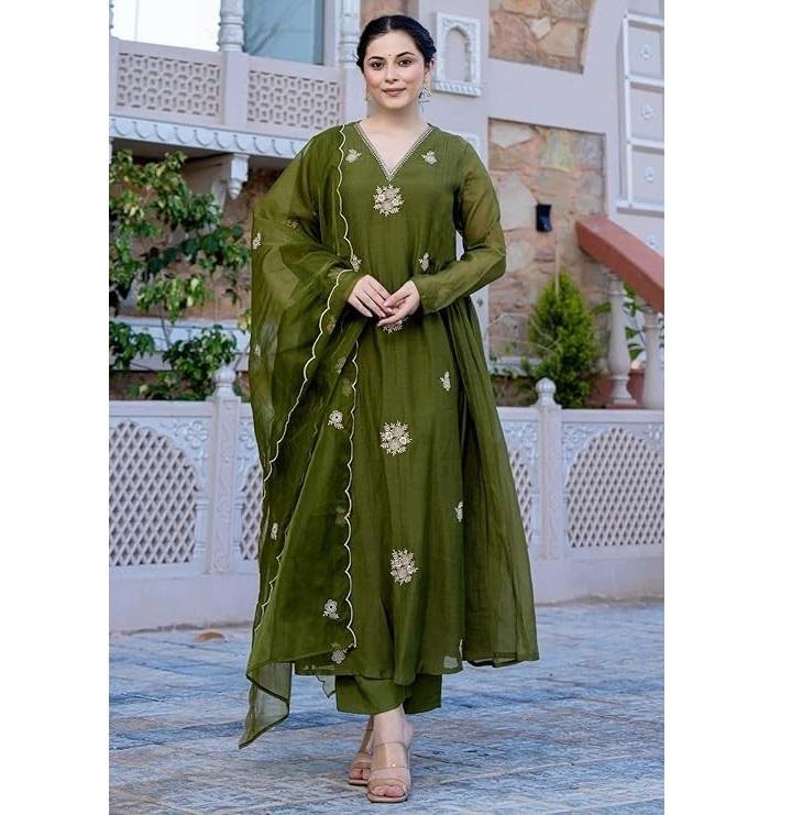 Women Designer Embroidery Solid Anarkali Kurta and Pant Set with Dupatta Set S