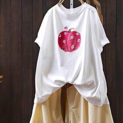 T-shirt for Women Summer Large Size Cotton Soft Loose Round Neck T-shirt Printed Casual Pullover T-shirt Top