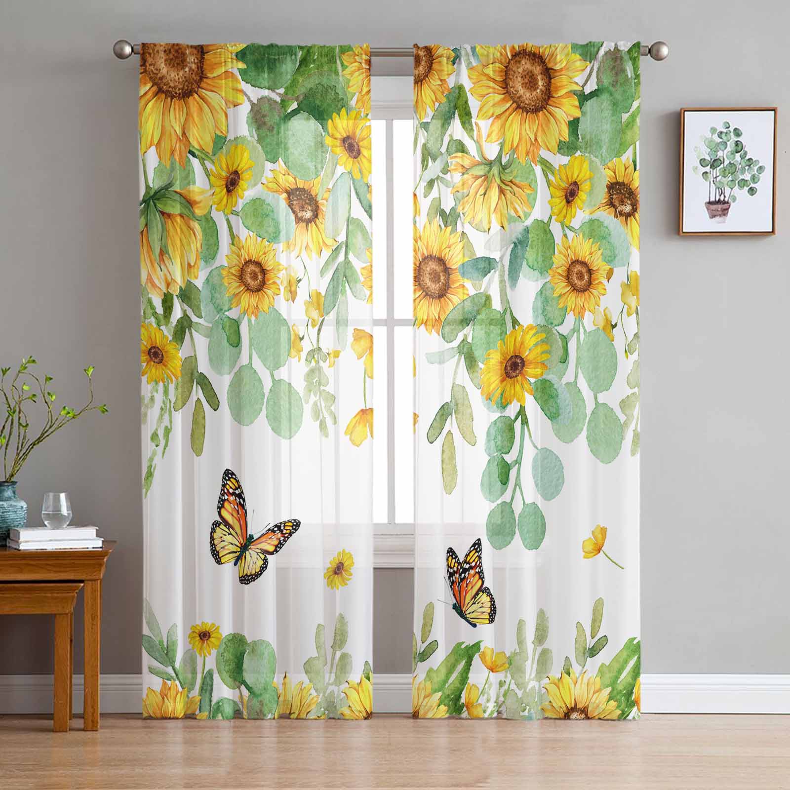 

Spring Season Watercolor Green Plant Floral Eucalyptus Leaves Transparent Drapes Living Room Ornamentation Window Panel Curtain Cooking Area Tulle W135 x H115cm x1&Rod Pocket