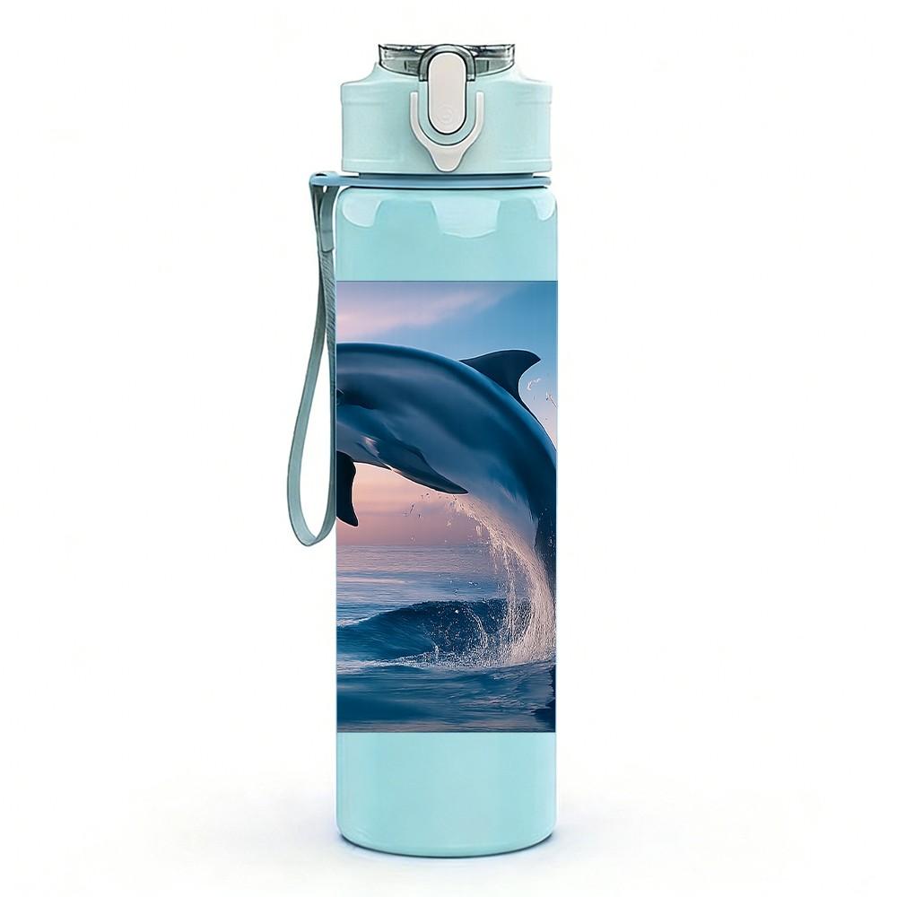 1PC Jumping Dolphin Ocean Wave Print 750ml Color Plastic Sports Water Bottle Leakproof Flip Straw Lid Suitable for Sports Office Home Use