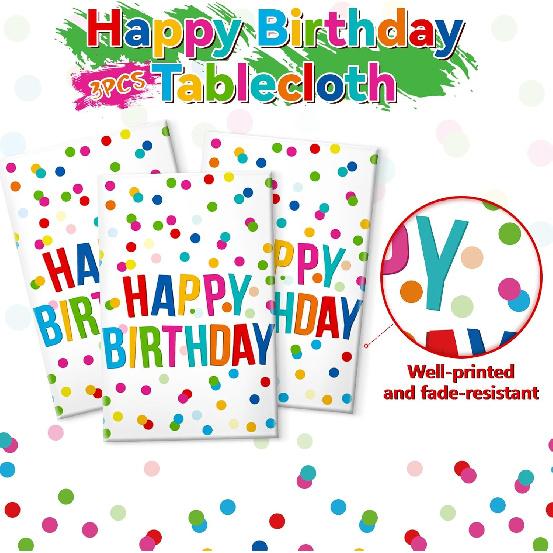 3pcs Birthday Tablecloth, Happy Birthday Decorations Set, Colorful Rainbow Dots Design with Happy Birthday Tablecloth. Waterproof Plastic Table