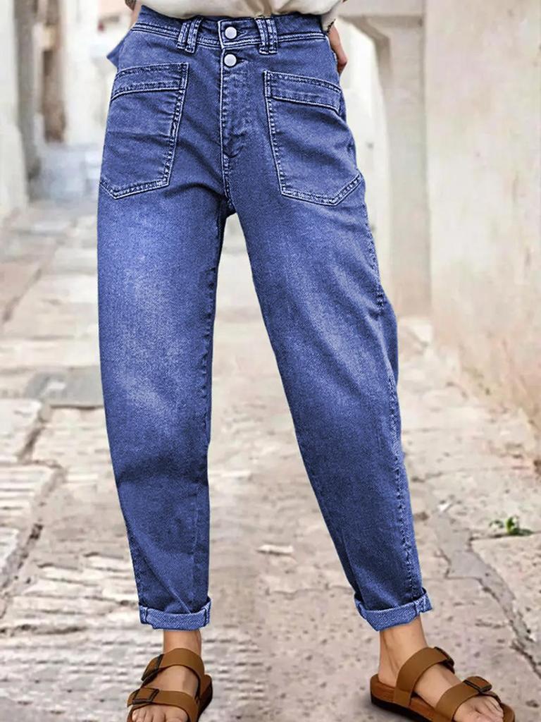 Green Button-Row Mid-Waist Straight-Leg Jeans with Slant Pockets for All Seasons