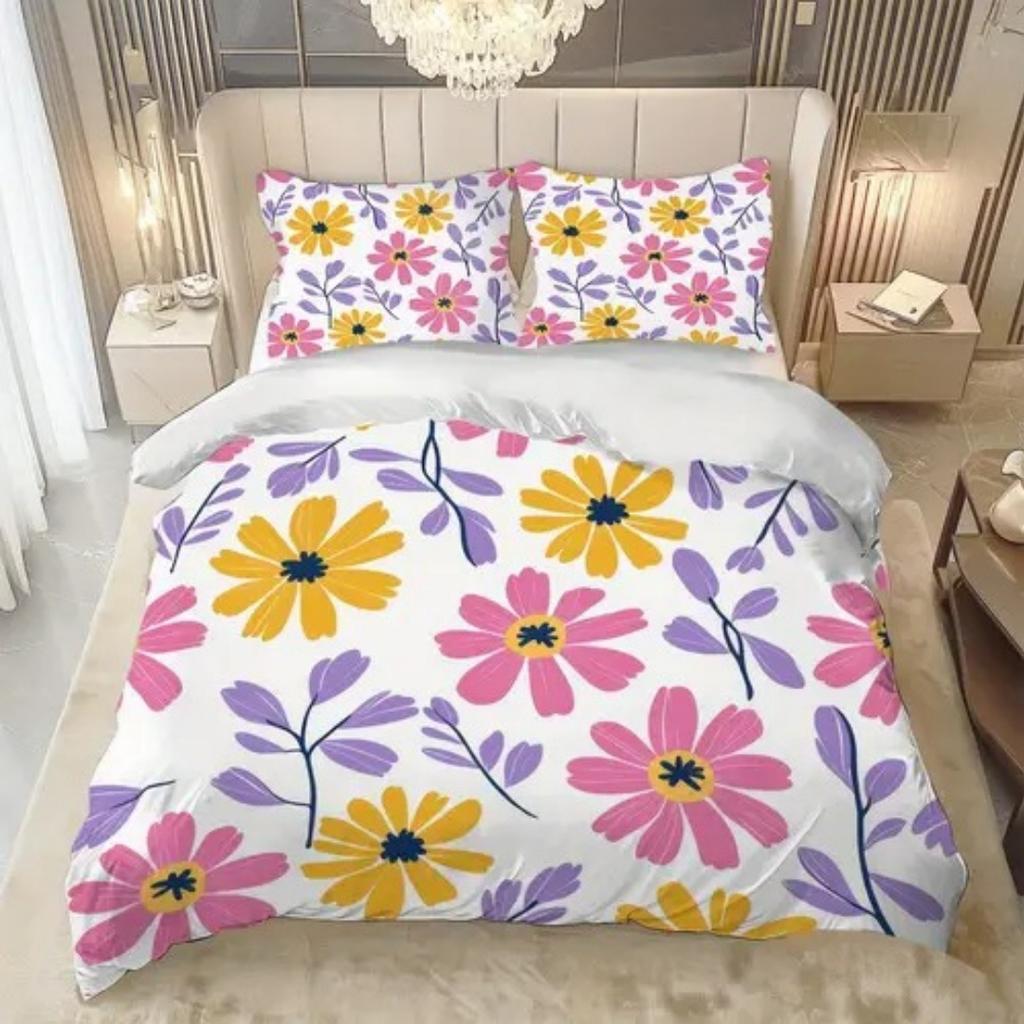 Dopamin Buntes Blumenmuster Romantischer Bettbezug Queen King Size Frühling Blumenmuster Bettwäscheset Raumdeko 3-teiliges Set Ohne Steppdecke