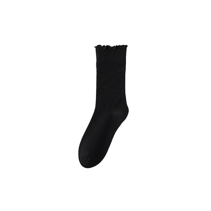 Black Fungus Edge Socks, Women's Solid Color Cotton Mid-calf Socks, Boneless Pile Socks for All Four Seasons, Rolled-up Postpartum Socks, Long Socks