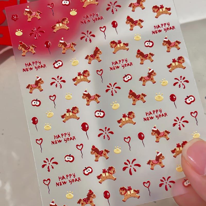 Cute Cartoon Pony New Year Firework Nail Stickers DIY Nail Art Decoration Year Of The Horse Manicure Accessories Decals