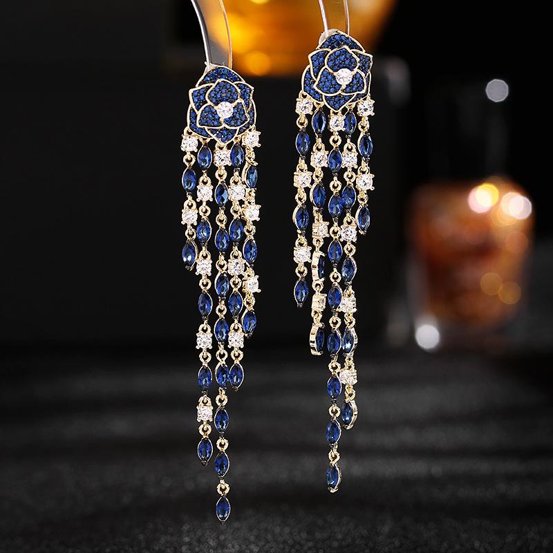 

Серьги Heavy Industry Color Zirconie Flower Серьги 925 Silver Needle Long Tassel Temperament Dinner Camellia Серьги Для Женщин