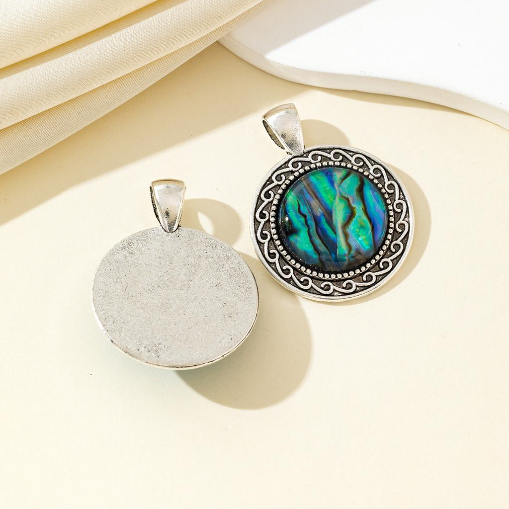 1 Stück Vintage Silber Filigran Rund Naturstein Anhänger Einzelner Edelstein Cabochon Charme für DIY Halskette Schmuckherstellung