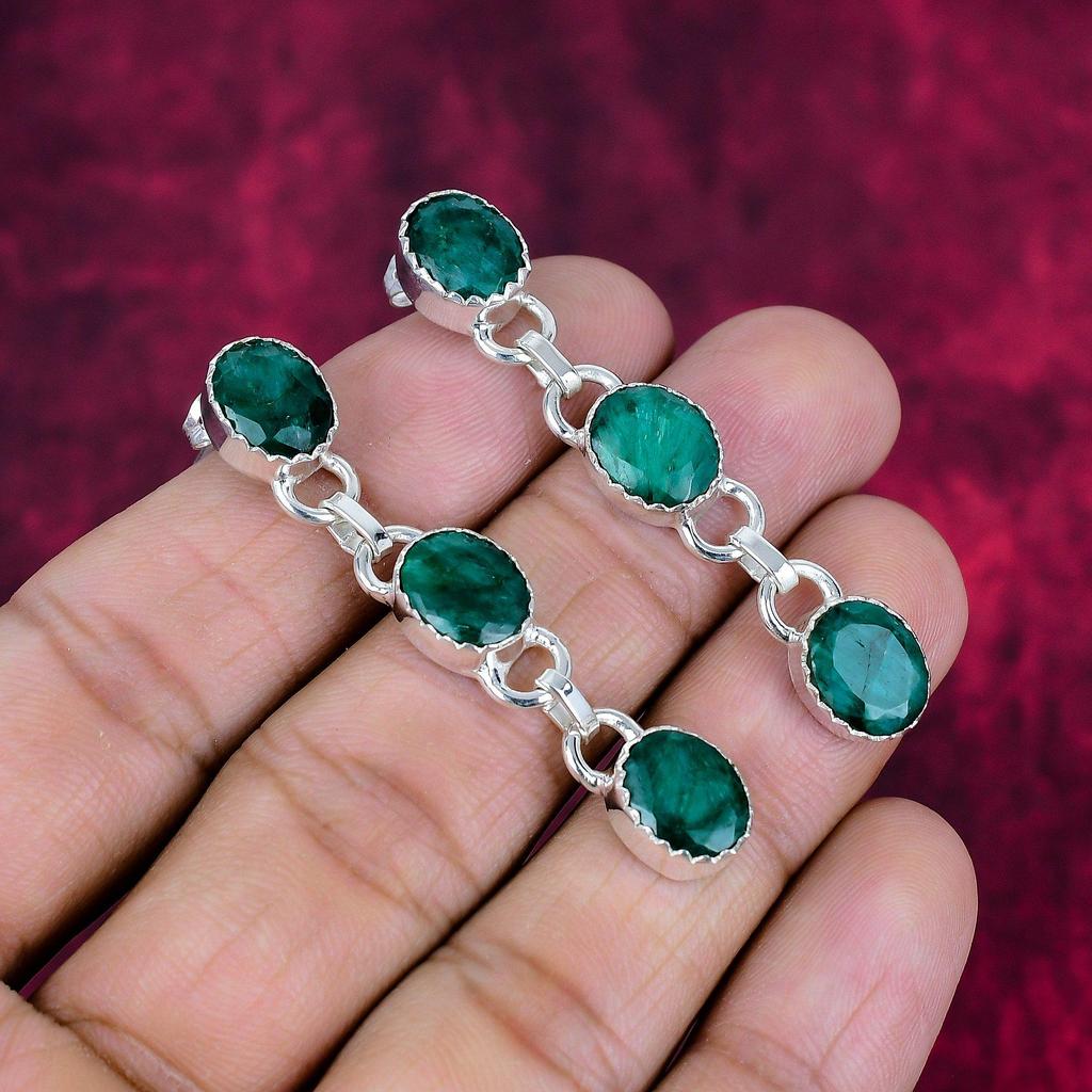 Emerald 925 Solid Sterling Silver Earrings, Handmade Gemstone Earrings Jewelry, Gifts For Wife Brand New Earrings
