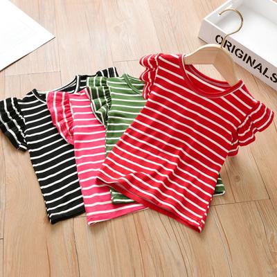 Girls' Striped Short Sleeved Baby Fly Sleeved T-shirt Children's Half Sleeved Base Shirt Versatile