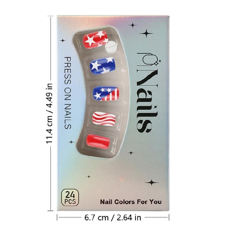 Square False Nail French Tip Press on Nail Full Cover Fake Nail Independence Day Glues on Nail Patriotic False Nail
