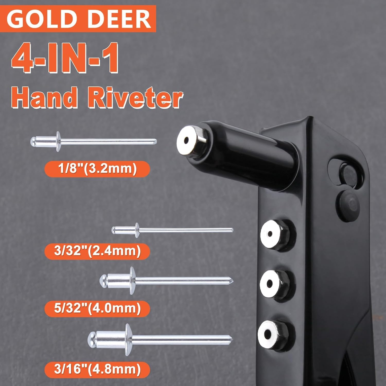 

4-in-1 Heavy Duty Hand Riveter Rivet Gun Pop Rivet Tool Kit with 100 Rivets 3/32-inch, 1/8-inch, 5/32-inch, 3/16-inch,4 Interchangeable Nosepieces