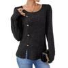 Autumn Winter Solid Color Round Neck Button Long Sleeved Loose T-shirt Top for Women Shirt