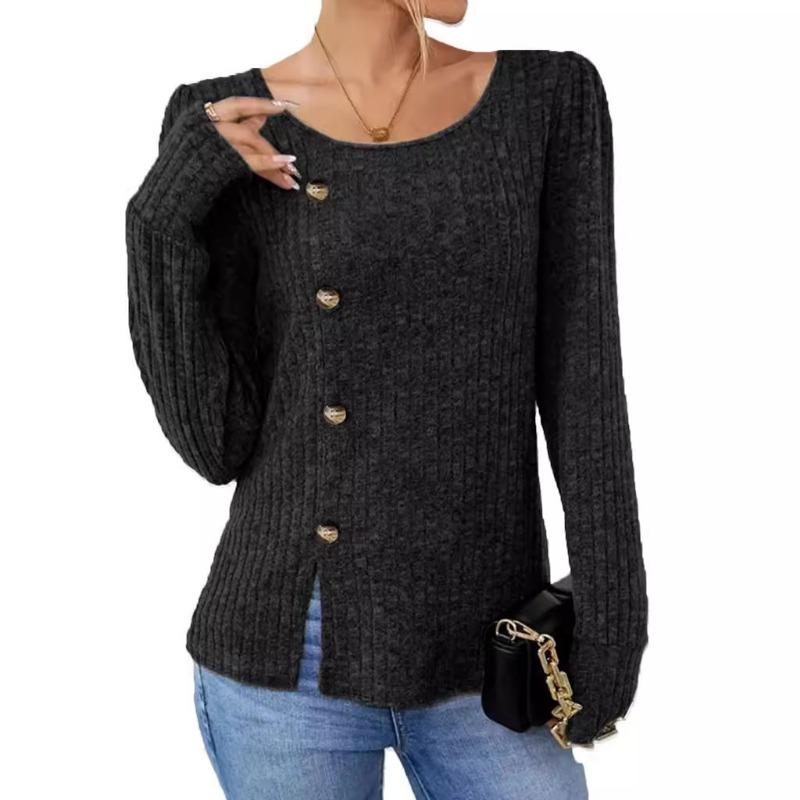 Autumn Winter Solid Color Round Neck Button Long Sleeved Loose T-shirt Top for Women Shirt