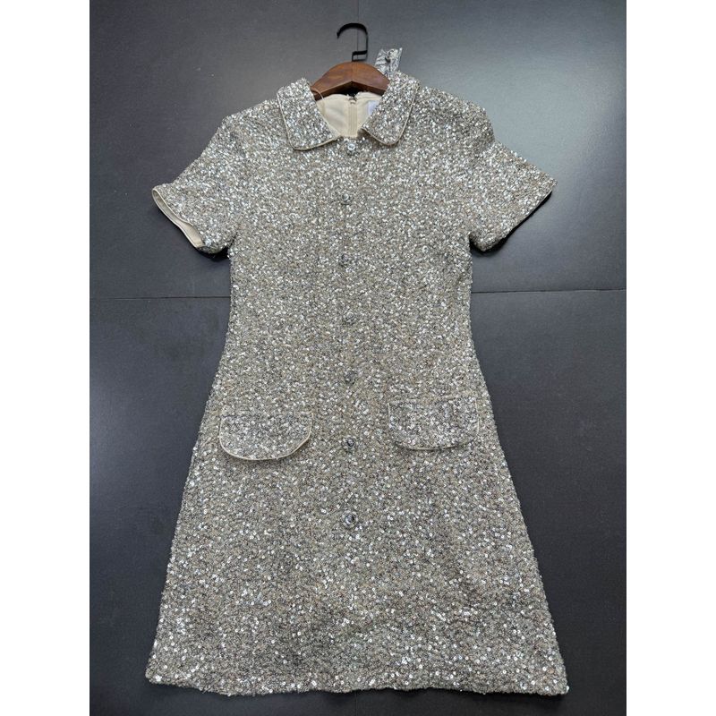 

Foreign Trade Order Advanced Graceful Temperament Waist Hugging Sequins Dress Exquisite Sequins Small Guest dresses Apricot Sequin Dress S