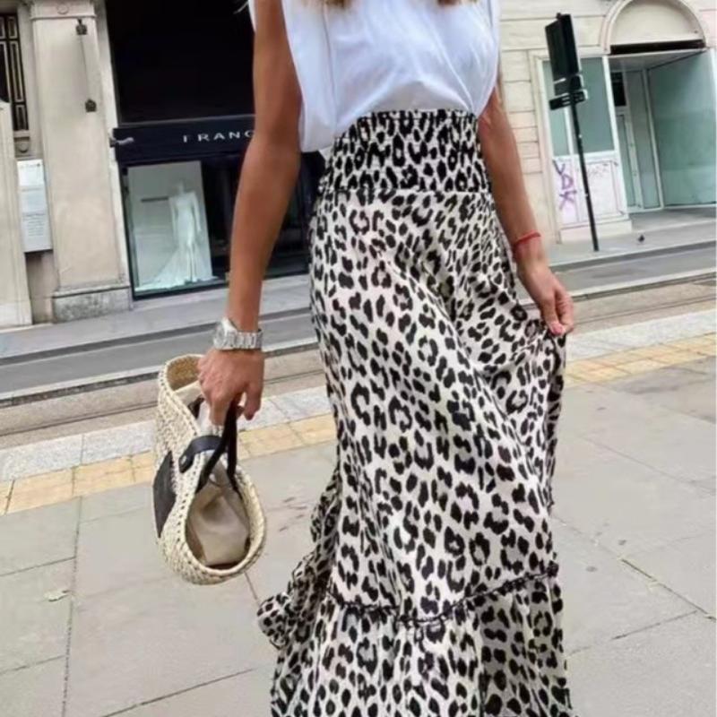 Fashoin Leopard Print A Line Casual Długa Spódnica Kobiety Plus Size Wysoka Talia Elegancka Luźna Spódnica Damska Vintage Falbany Prosta Spódnica Damska 24512