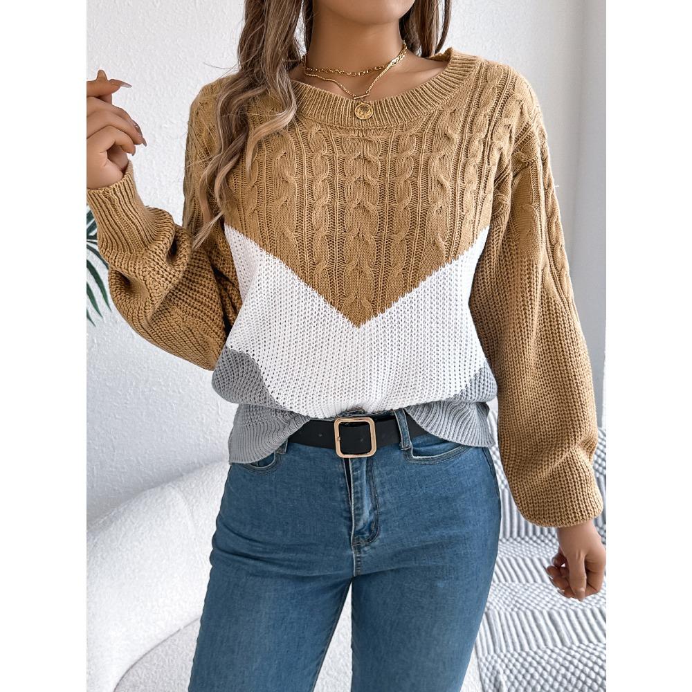 Women's Autumn/Winter Sweatshirt-Style Casual Colour-Block Cable-Knit Bell-Sleeve Pullover Loose-Fit Knitted Top for Ladies