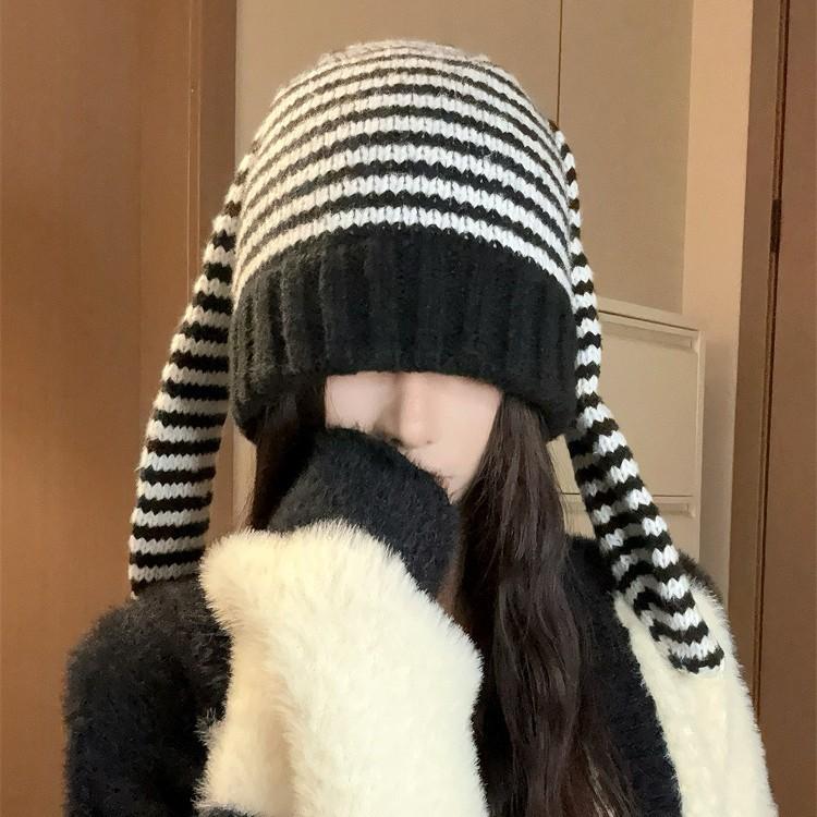 Autumn and Winter Knitted Hat for Women with Long Ears Rabbit Cute Striped Wool Hat Warm Ear Protection Niche Personality Cold Hat