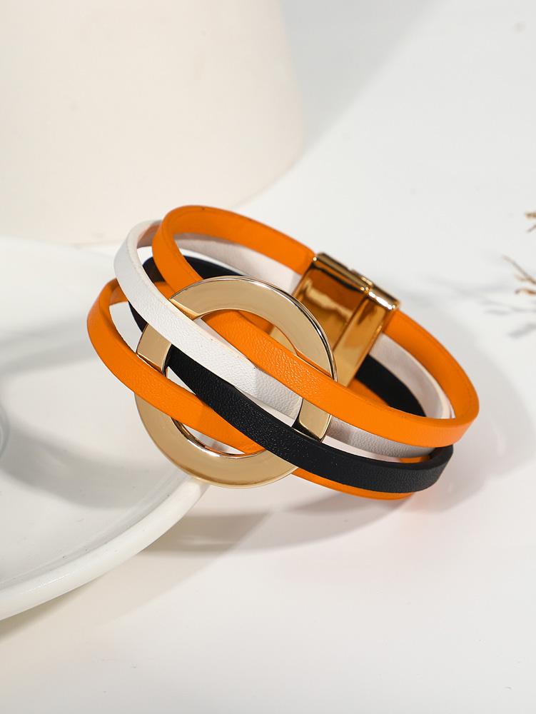 ALLYES Modisches Hohlkreis Wickel Lederarmband für Damen Gothic Punk Mehrlagige Orange Schwarze Armbänder Party Schmuck Geschenke