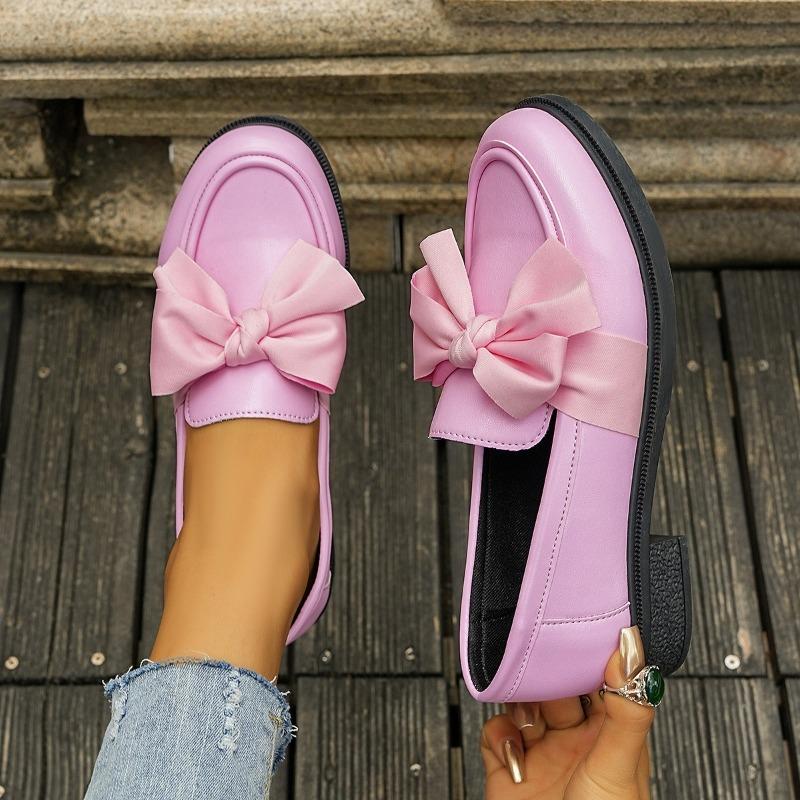 Fashion Big Bow Round Toe Deep Mouth Platform Slip Anti-Slip Wear-Resistant Square Heel Loafer Single