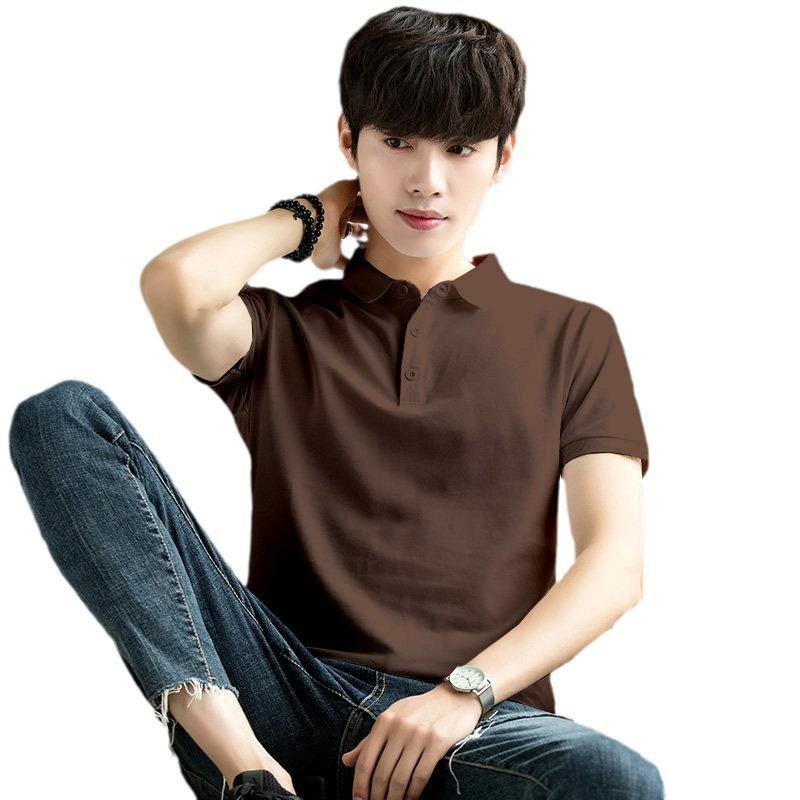 Męska letnia, dopasowana koszula polo w stylu koreańskim – jednokolorowa, z krótkim rękawem i klapami