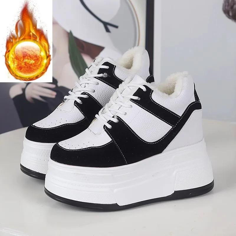 Fashion Woman Plush Warm Winter Sneakers Women High Top Cotton Sport Shoes 12CM Casual Lace Up Female Platform Shoe Zapatillas Mujer