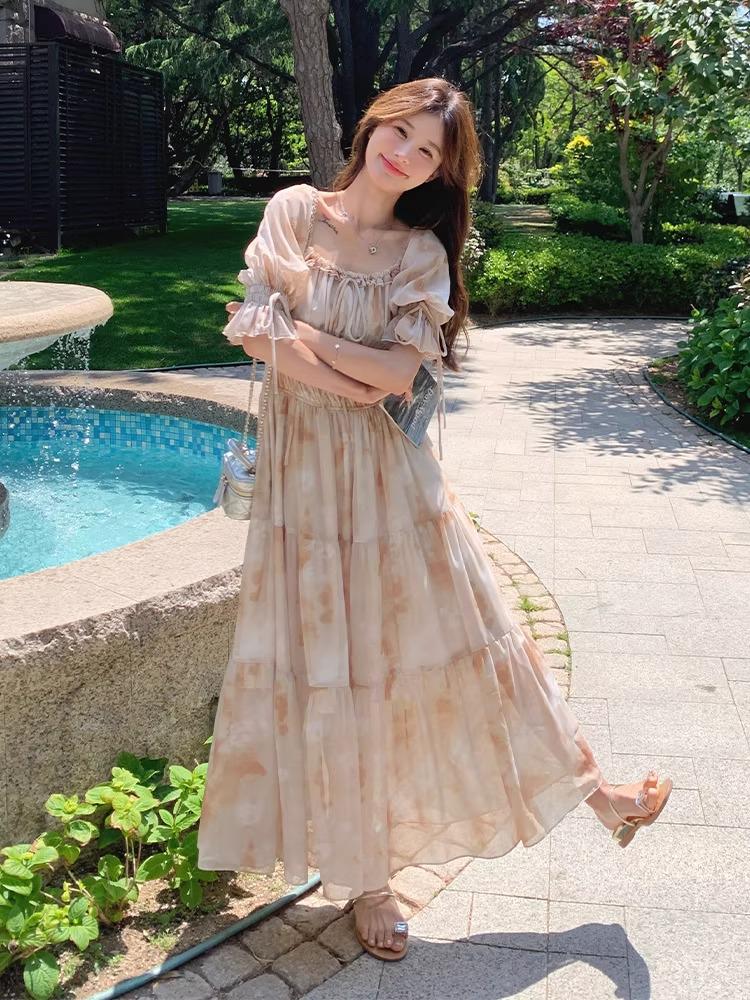 French Romantic Square Neck Floral Dress for Spring & Autumn 2026 - Gentle, Elegant, Long Fairy Vacation Dress