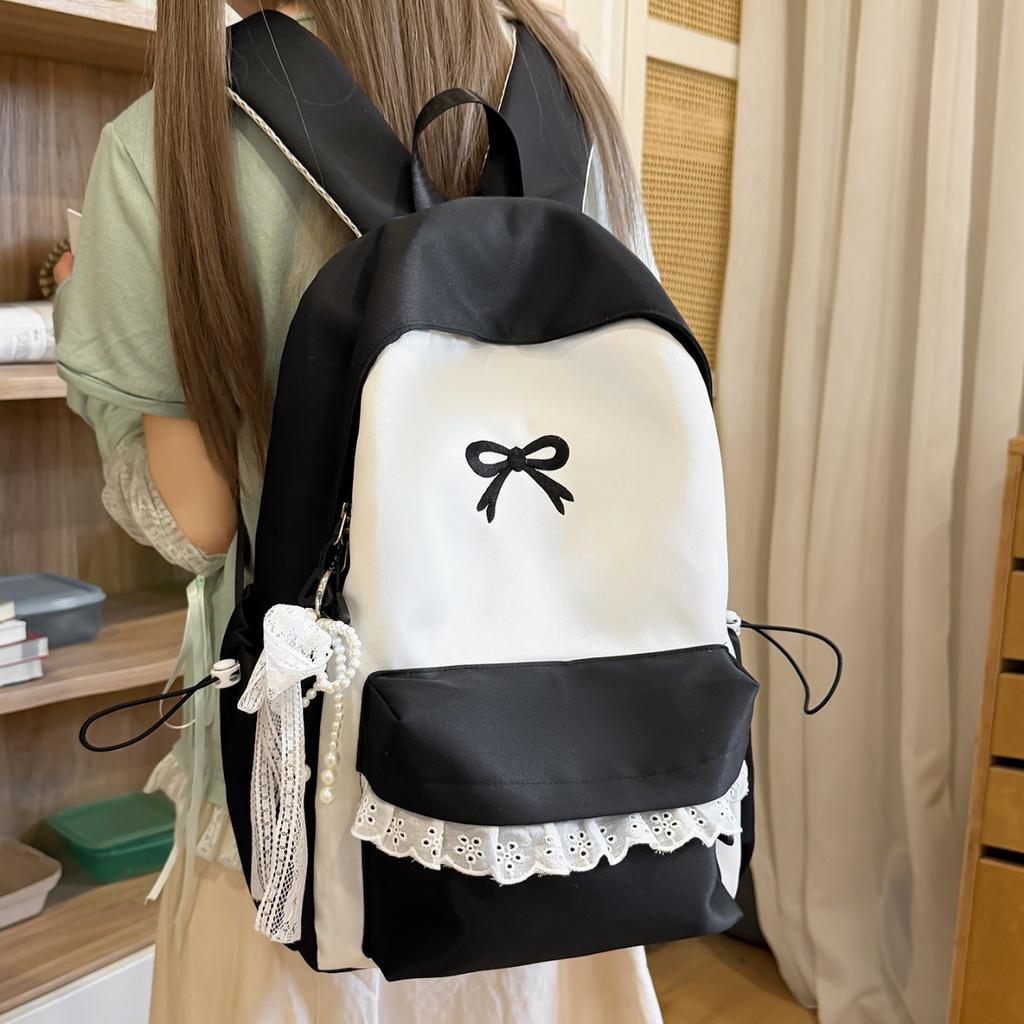 Schoolbag Girls Simple Bow Lace School Bag Color Matching Campus Large Capacity Commuter Backpack Class Backpack