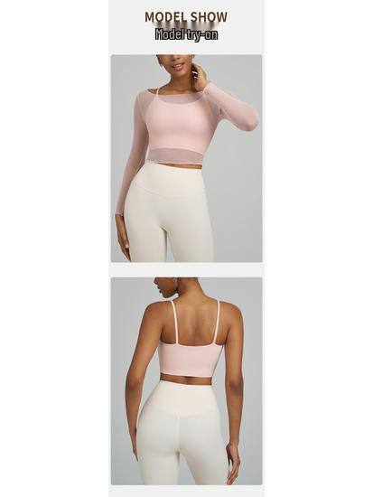Joomon Mesh Yoga Set: Two-Piece Long Sleeve Quick-Dry Camisole with Integrated Cup Sports Bra