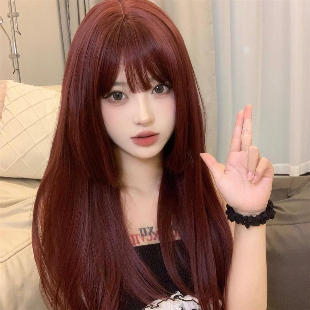Eileen Cute Princess Cut Wine Red Wig Full Wig Wig Straight Natural Harajuku Style Popular Small Face Effect Net Included Semi-Long Women's