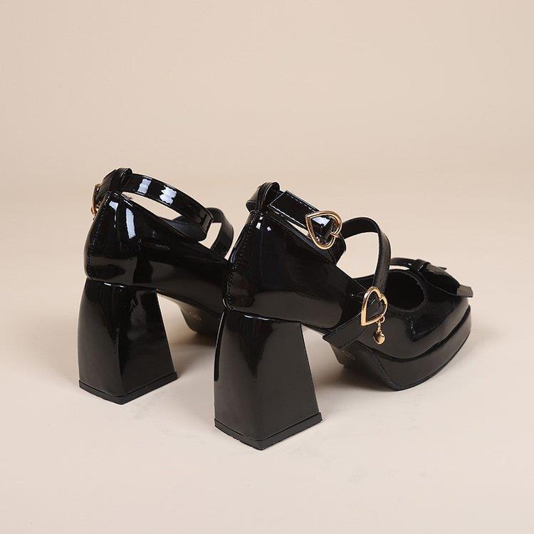 Punk Heart Buckle High Heels Pumps Women Spring Black Chunky Platform Lolita Shoes Woman Bowtie Thick Heel Gothic Shoes