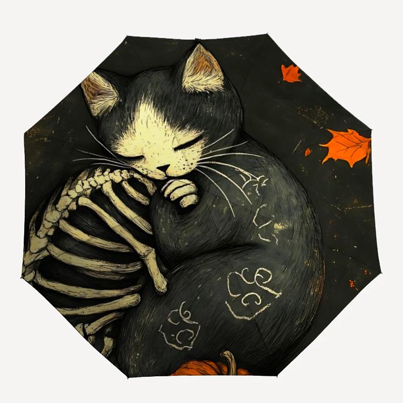 1pc Cat Skeleton Automatic Open/Close, Foldable Compact Umbrella with 8-Rib Shaft, Perfect Gift For Men And Women, Casual Style, Vibrant Mot