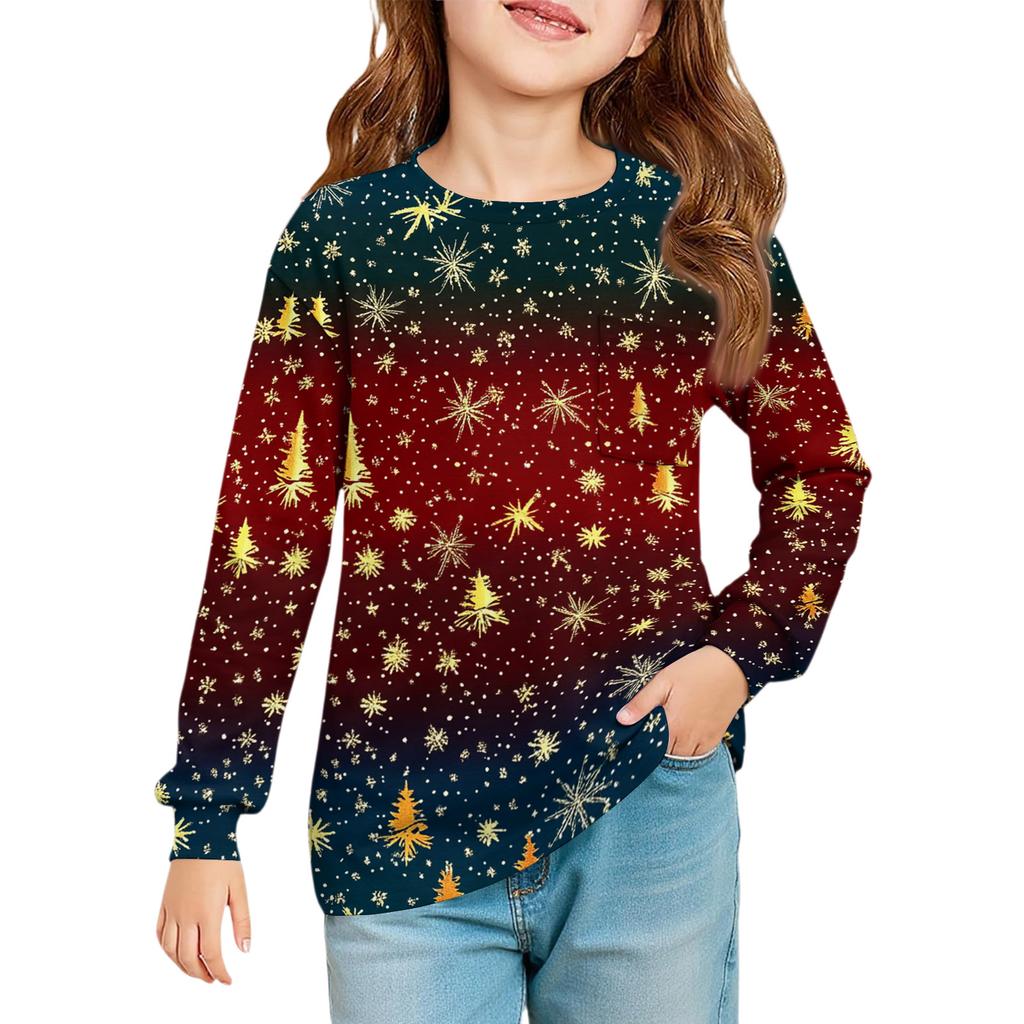 Christmas Day Girls' Long Sleeve Blouse - Round Neck Soft Waist Tunic
