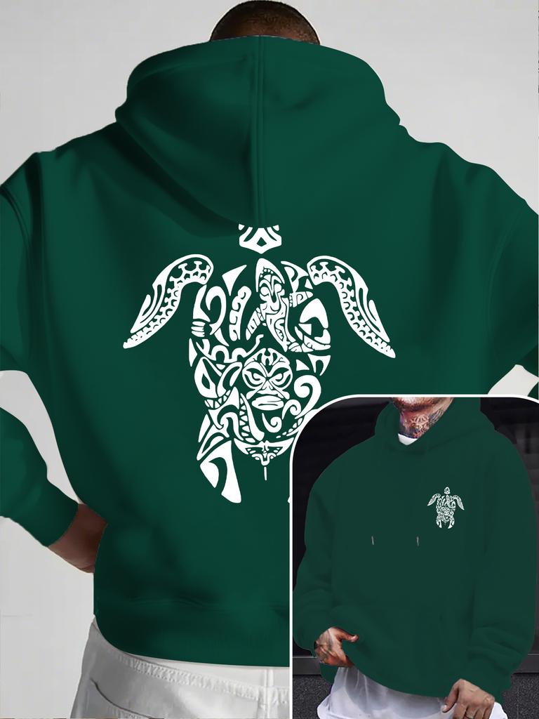 Sweat à capuche Hip Hop Sportif pour Enfants Cool, Motif Tribal Rétro Tortue de Mer Impression Artistique Avant Arrière, Sweat à Capuche Lâche à Cordon de Serrage Pour Tenue Quotidienne