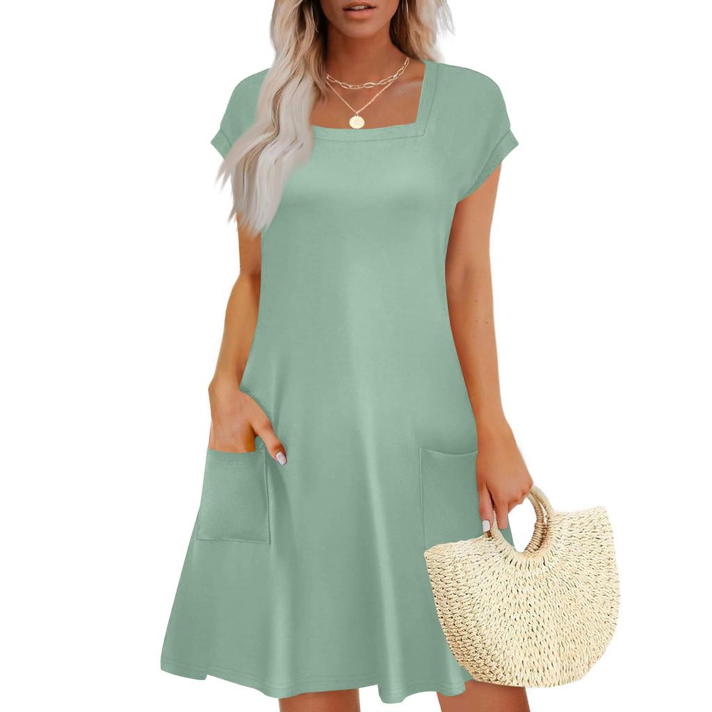 Summer Dresses for Women Loose Square Neck Cap Sleeve Casual Beach Vacation Tshirt Dress Sundresses with Pockets