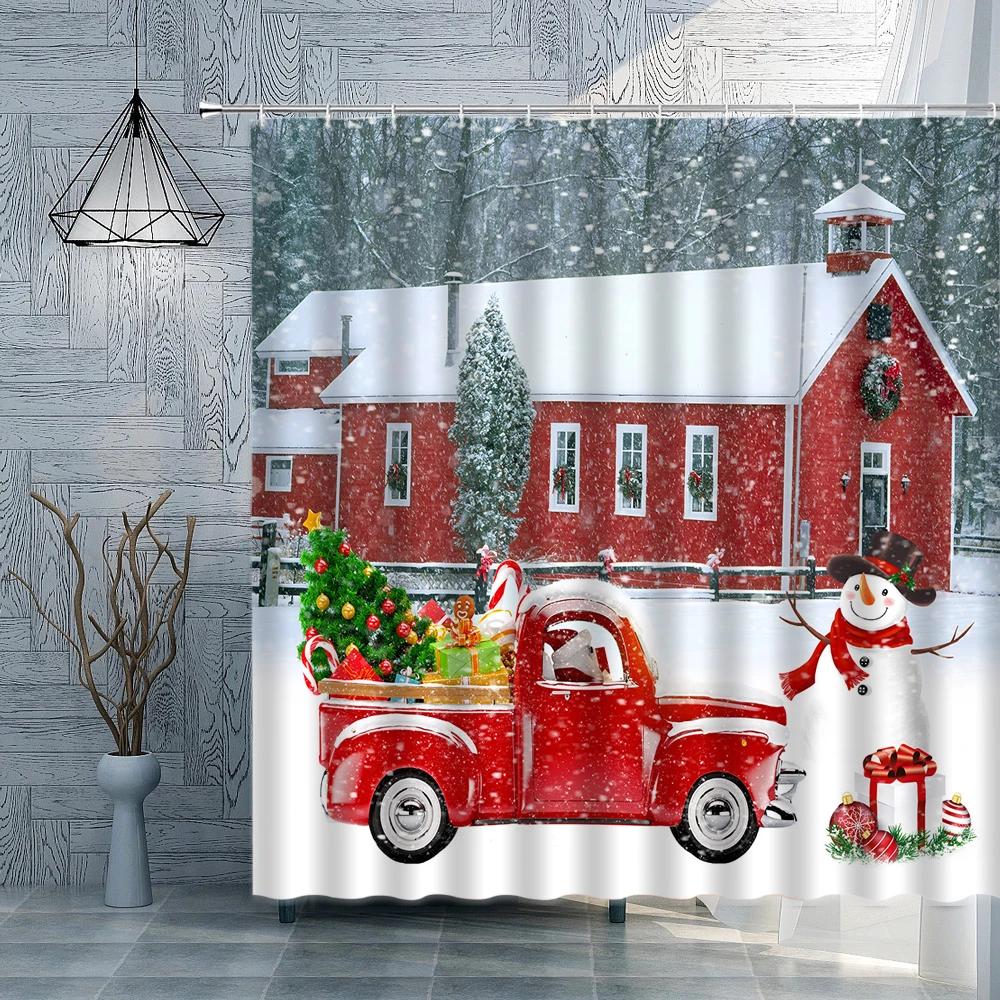 Christmas Shower Curtain Snowmen Bird Rural Wooden Fence Winter Holiday New Year Fabric Bathroom Curtains Farmhouse Decor Set
