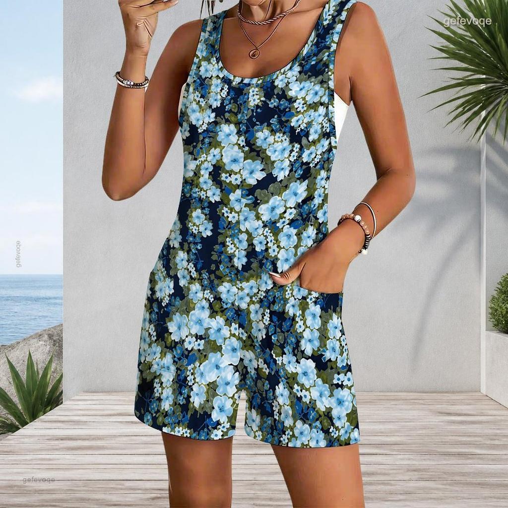 Patch Pocket Sleeveless Tank Romper For Plus Size Women