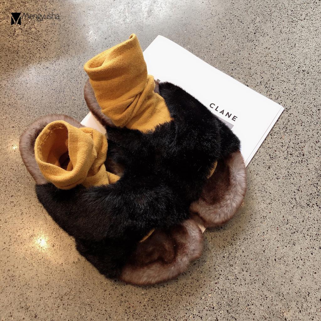Fashion Celebrity Cross band fur slippers women winter shoes warm plush pantuflas thicken soled mixed colors fleeces slides mujer