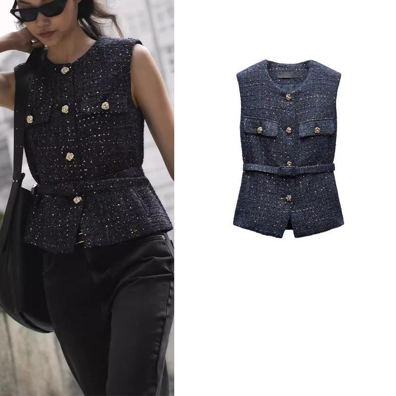 Autumn and Winter New Fashion Slim fit round Neck Sleeveless With Belt Beads Decoration Breasted Texture Vest 9298725