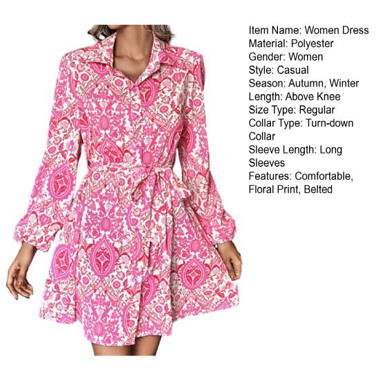Ženy Košile Krátké šaty Podzim Zima Móda Květinový potisk Pásek s rozepínacím límcem Dlouhé rukávy Zapínání na knoflíky Nad kolena Ležérní Dámy Žena