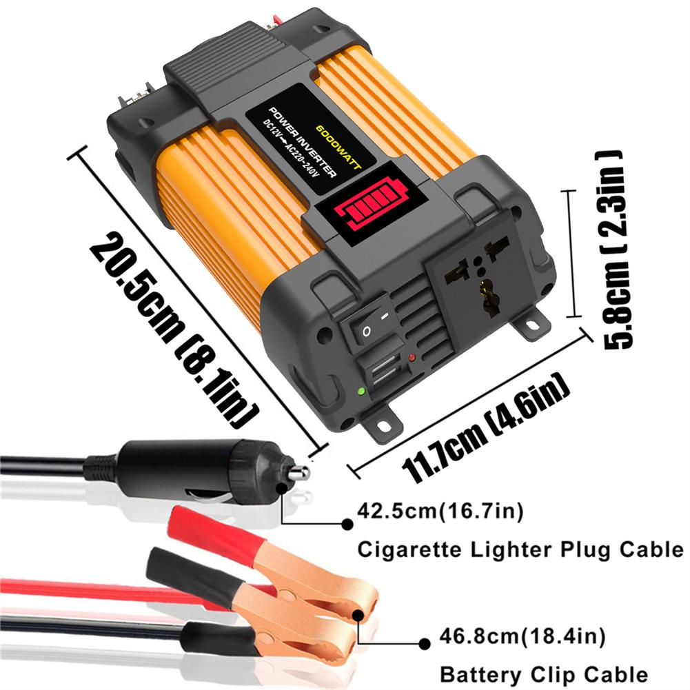 Any 12V Power Output Vehicle. Car Power Inverter 6000W Peaks Power LED Bettery Dispaly Lightweight Design Modified Sine Wave