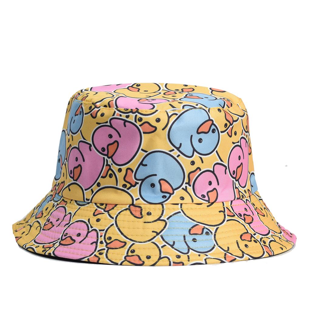 Cartoon-Ente Eimerhut Niedlicher Druck Fischerhüte Für Männer Frauen Doppelseitig Panama-Kappe 58cm Sommer Outdoor Sonnenhüte