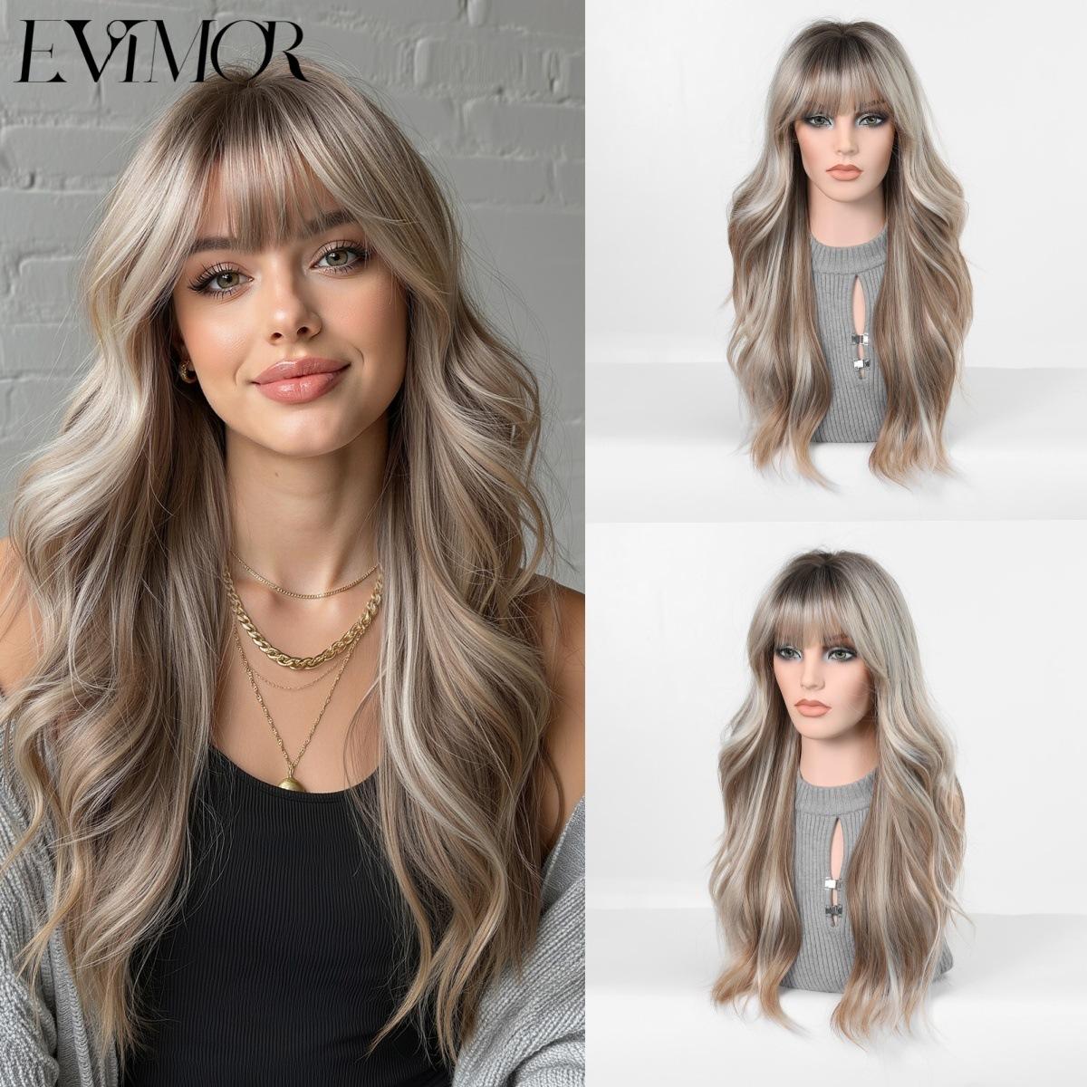 

European And American Wind Gradual Change Gray Gold Long Curly Hair Wig Air Bangs Big Waves Natural Realistic Chemical Fiber Full Head Cover 1#