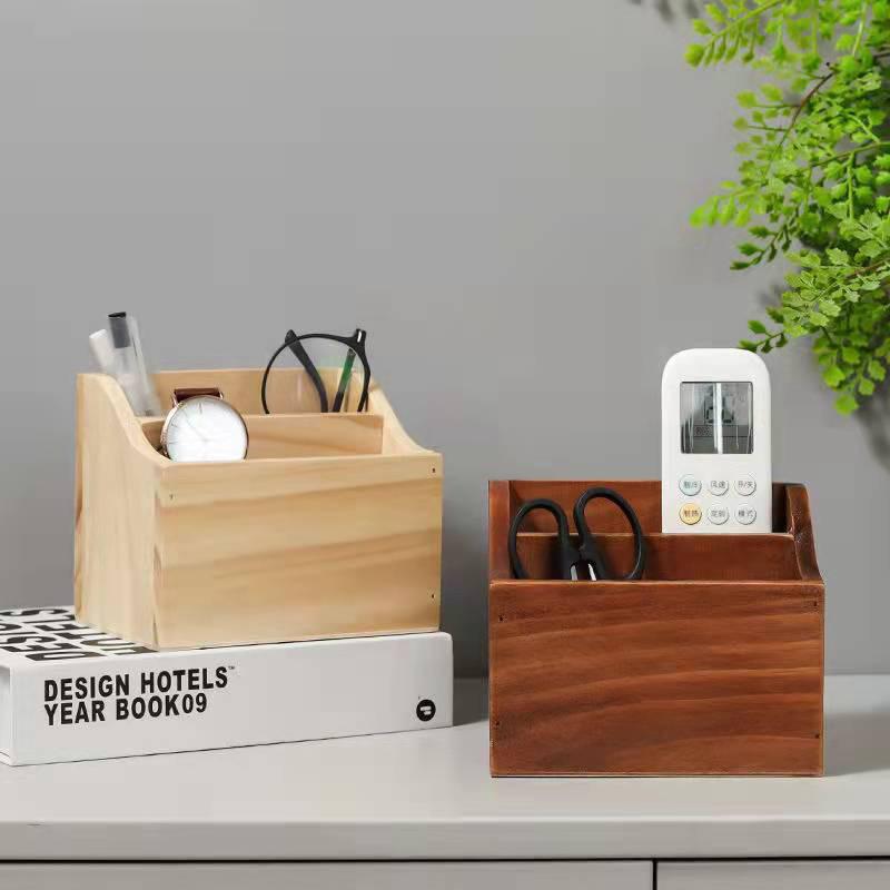 In-Stock Wooden Desktop Storage Box: Two-Compartment Pen Holder & Remote Control Organizer for Office or Living Room.