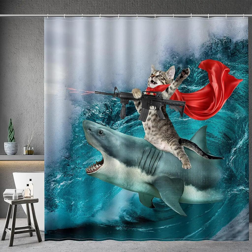Funny Cat Shower Curtain, Colourful Galaxy Funny Riding Shark In Ocean, Beach Cartoon Turtle Coral Laser Bathroom Decoration