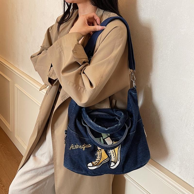 Embroidered Denim Bag Women's Large Capacity Shoulder Crossbody Bag